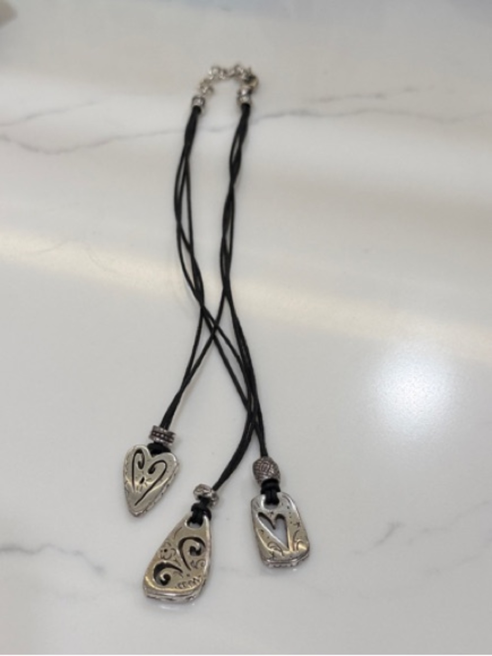 Brighton Silver Heart & Teardrop Pendant Necklace Trio on Black Cord